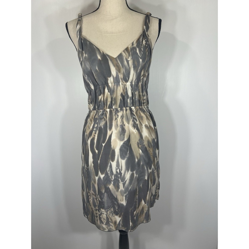 banana republic grey silk dress Grecian Twist Midi Petite Size 10P Gray Feather Print VIN